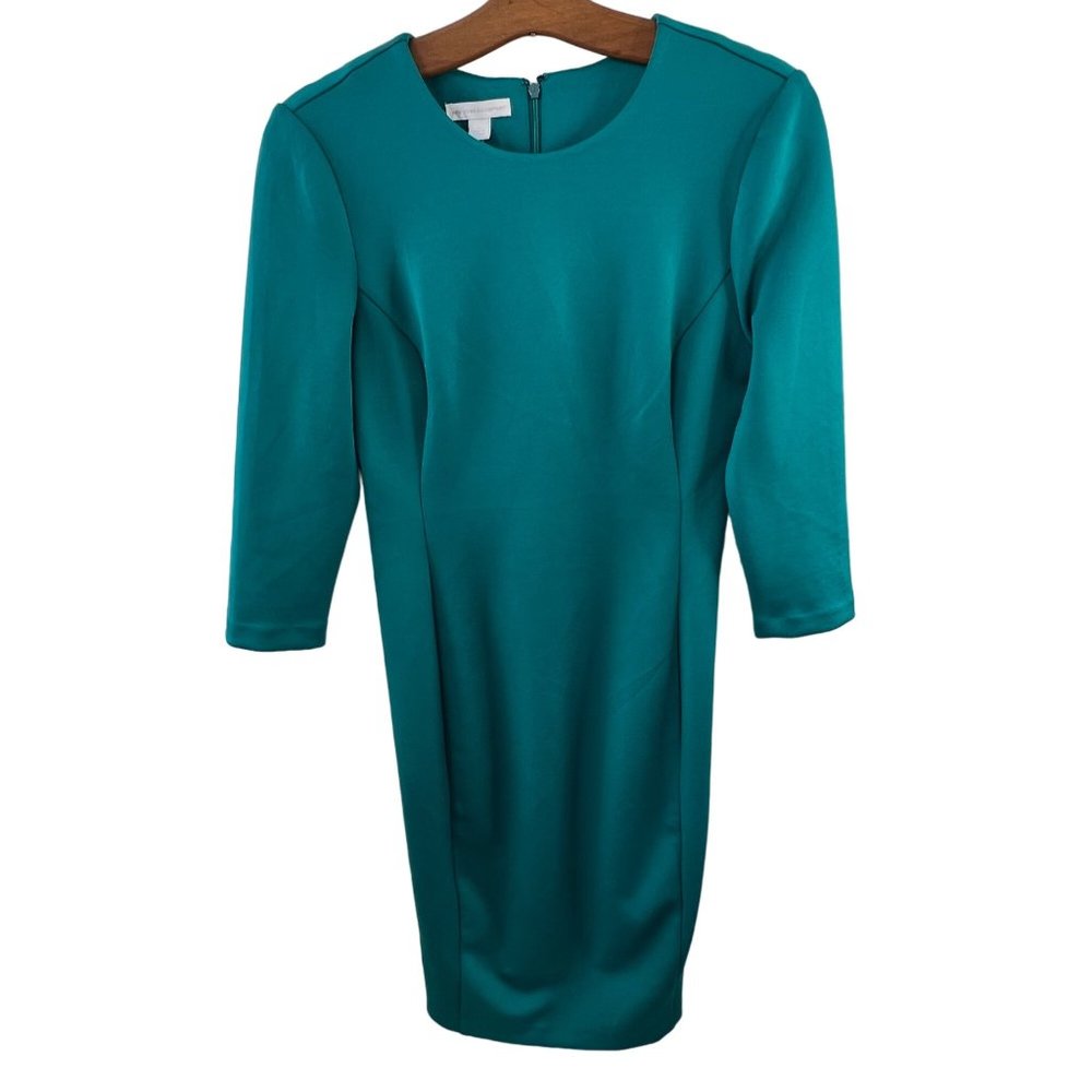 New York & Co 3/4 Sleeve Ponte Sheath Dress Women S Knee Length Teal Stretch NEW